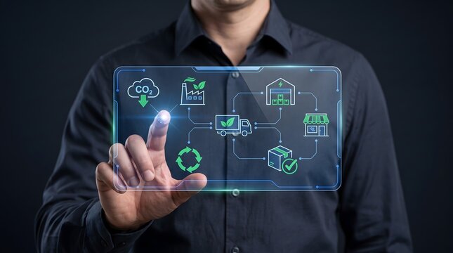 Man interacting with a futuristic holographic interface displaying a sustainable supply chain from production to delivery and retail with CO2 reduction icons.
