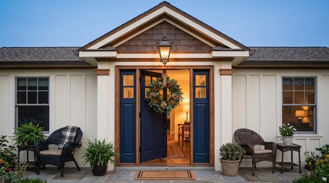 Inviting blue front door of a suburban house decorated with a festive fall seasonal wreath