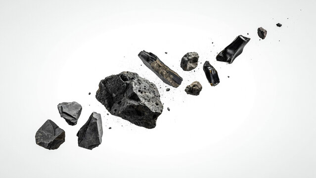 Black coal pieces arranged in a diagonal line with charcoal diagonal fragment material industrial resource particulate arrangement formation abstract sequence as PNG asset