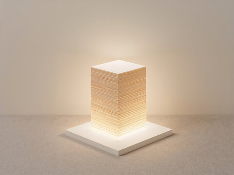 A square tower made of many thin layers of light-colored wood veneer, glowing with warm internal light, placed on a white square base in a room