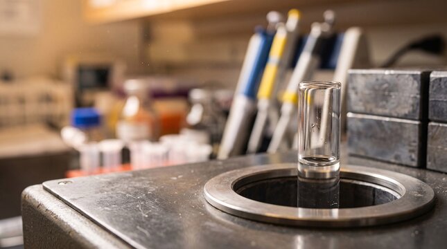 A glass test tube sample placed inside a laboratory analytical device for scientific research
