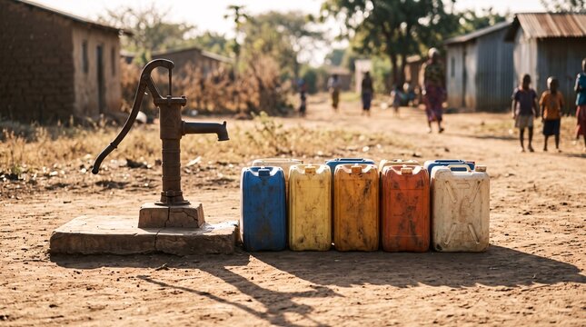 A line of plastic water jugs waiting at a rural hand pump in a dusty village at sunrise