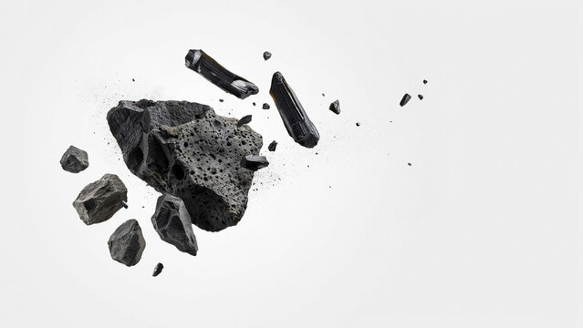 Fragments of black charcoal scattering across white studio space with charcoal fragments scattering material industrial resource particulate formation abstract as clean cutout