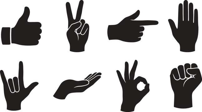Hand Gestures and Communication Sign Language Silhouette Vector Icon Set Isolated on White BackgroundHand Gestures and Communication Sign 