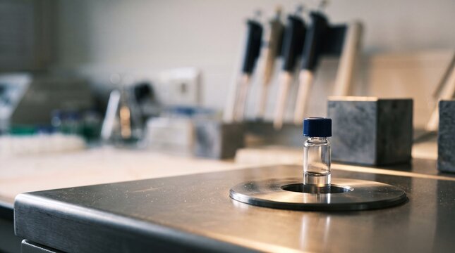 A glass test tube sample placed inside a laboratory analytical device for scientific research