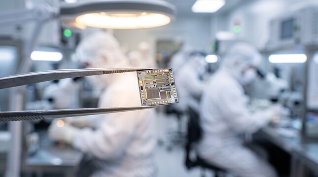 Scientist hand in blue glove carefully holds an advanced microchip with tweezers in a pristine lab