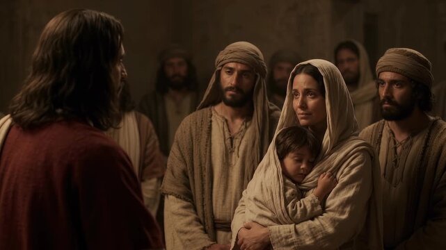Jesus Christ Preaches to a Listening Family and Crowd in a Biblical Gospel Scene Symbolizing Faith Hope Salvation Compassion Teaching Community Devotion and Sacred Christian Witness Through Gospel Min