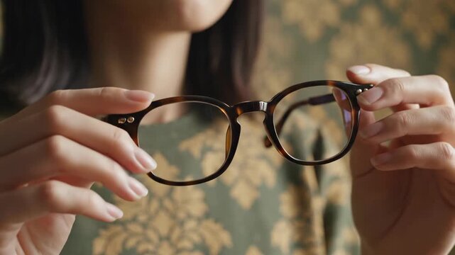 Woman holding tortoise shell eyeglasses for vision and optometry concepts