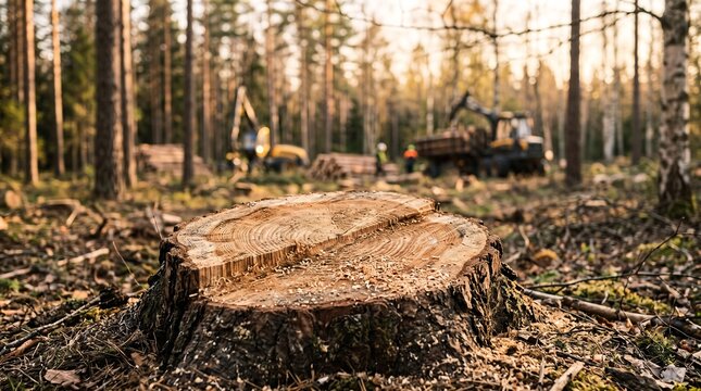 Fresh tree stump in a pine forest with heavy industrial forestry equipment in background