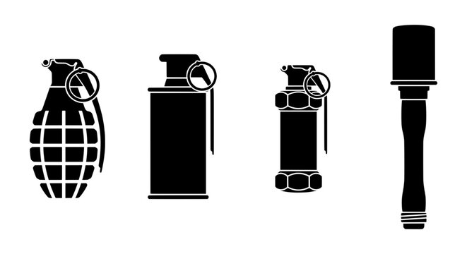 Military Grenade Icons, Explosive Devices Vector Set, Combat Weapon Silhouettes
