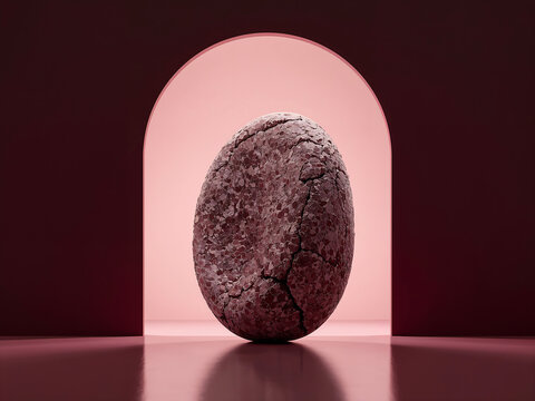 Cracked stone egg shape centered in a pink arched alcove, dark red background, surreal composition, textured surface, soft lighting, concept