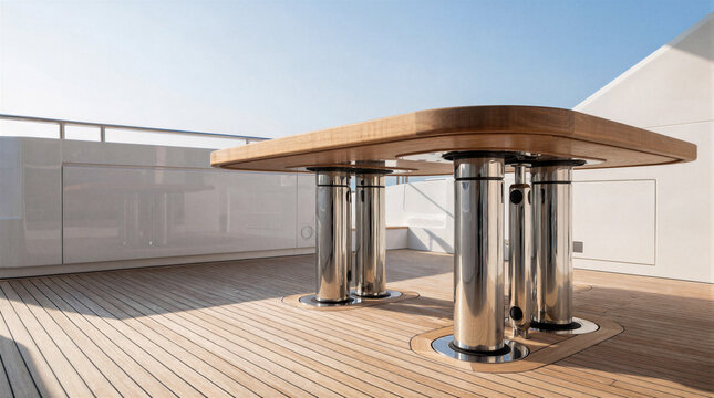 Hydraulic lifting columns elevating a solid teak dining table from flush yacht decking under clear sky