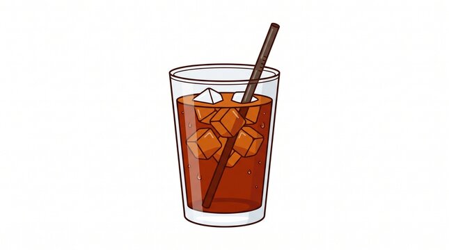 Vector cartoon illustration of a clear drinking glass filled with iced tea or cold brew coffee, ice cubes, and a straw, isolated on a white background.