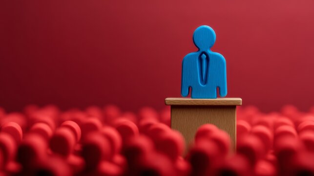 Toxic leadership, burnout emotional stress, employees, Defeated Leader - Small Blue Figure at Podium Amidst Red Crowd Boos, Reflection of Rejection, Incompetence, and Burnout, Copy Space for Text