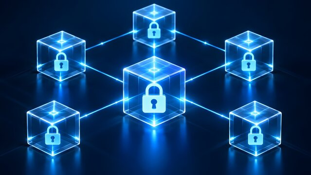 Decentralized blockchain network nodes with glowing padlocks representing secure distributed ledger encryption