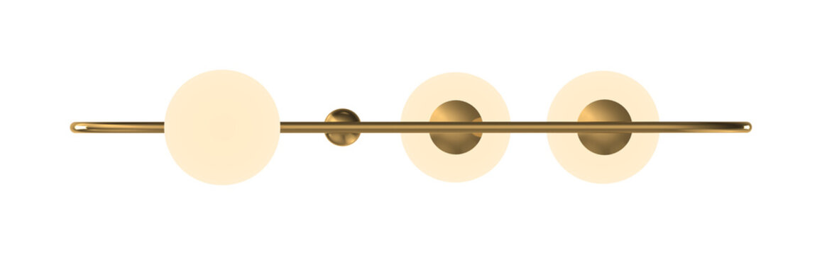 Modern brass ceiling light fixture with three frosted glass globes in a minimalist 3d render