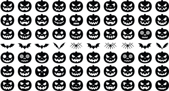 Large collection of halloween pumpkin face silhouettes and bat icons, black jack o lantern expressions and flying creatures for seasonal projects