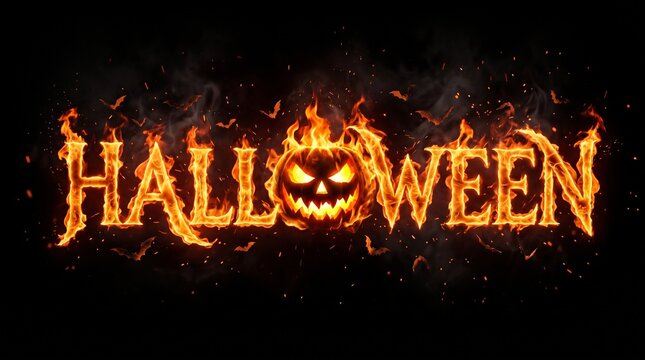 Halloween text logo made of fire with a glowing pumpkin on black background