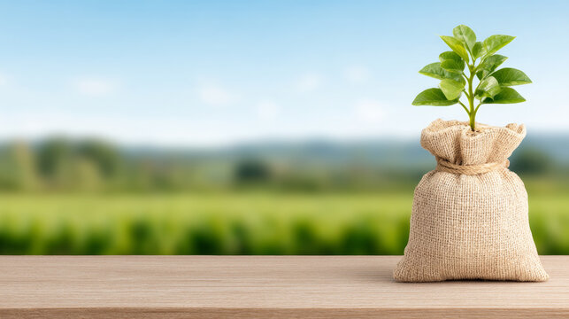 Agriculture agricultural finance investment farmer support concept with small plant growing from burlap sack on wooden table symbolizing growth and financial support in rural farming