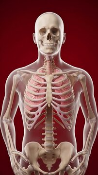 3D anatomical medical illustration of the human skeletal system and lungs showing the rib cage and internal organs