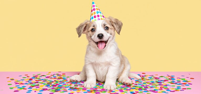 New Year's Eve celebration with a playful puppy in a party hat surrounded by colorful confetti.