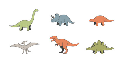 Obraz premium Selection of cute cartoon dinosaurs including a brachiosaurus, triceratops, t-rex, stegosaurus, and pterodactyl.
