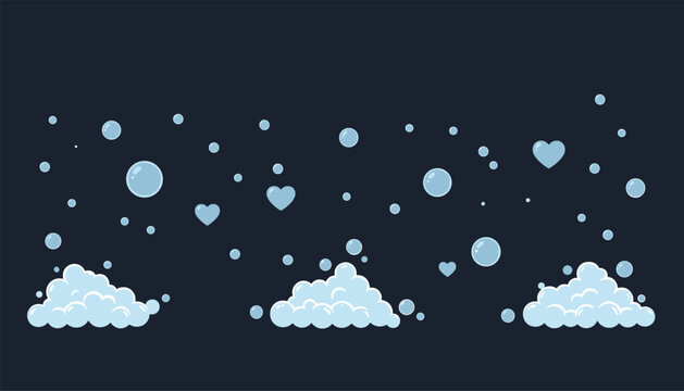 Playful illustration of fluffy blue clouds emitting floating heart-shaped and round water bubbles on a dark background.