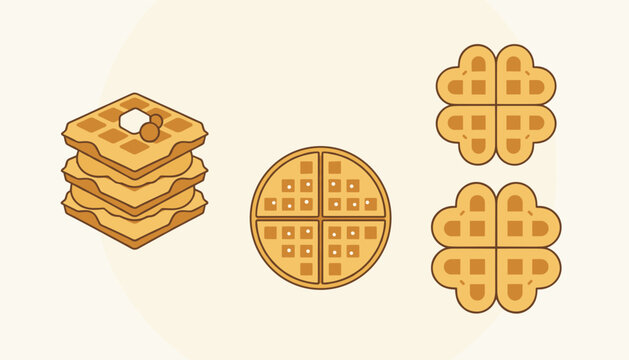 Variety of delicious fresh waffle shapes including a high stack, round circle, and heart shaped clover patterns.