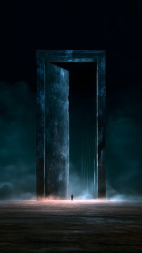 Underworld gate, obsidian gate in dark void, blue cuneiform frame, deep darkness inside, green light threads from gap, thin mist below, minimalist underworld entrance visual asset