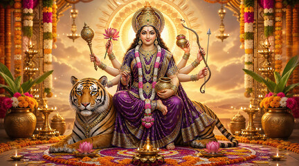 Radiant Goddess Kushmanda sits gracefully beside a majestic tiger, draped in a magnificent purple saree and gold jewelry. She holds sacred symbols amidst glowing diyas and beautiful floral rangoli.