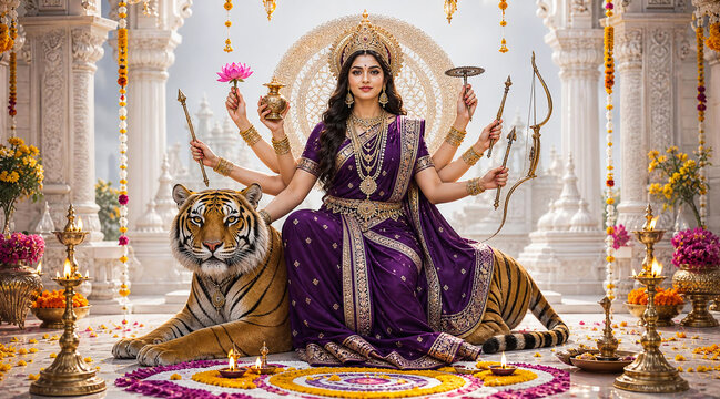 Radiant Goddess Kushmanda, the eight-armed creator of the cosmos, sits elegantly beside a majestic tiger in a pristine white marble temple. Adorned in a vibrant purple saree, she holds sacred symbols