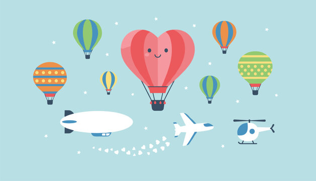 Sky filled with colorful hot air balloons including a cute heart-shaped balloon, a blimp, an airplane, and a helicopter.