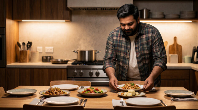Dining table setting by 30 year old South Asian plus size man preparing food in kitchen