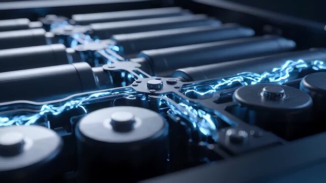 Battery pack modules display glowing blue electric energy arcs across cylindrical cells.