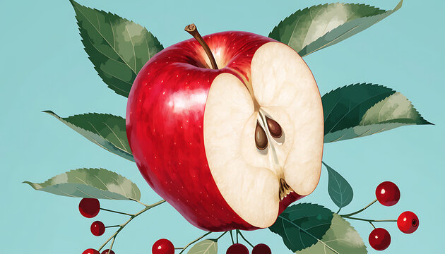 Red apple fruit with a slice and green leaves isolated on blue