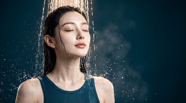 Beautiful Asian woman taking a hot shower with closed eyes, serene female model enjoying refreshing water spray, wellness and self care concept