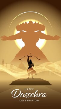 4K Animated Video Dussehra Festival Greeting Featuring Lord Rama and Evil Ravana Silhouettes with Sunset, Temple and Golden Landscape