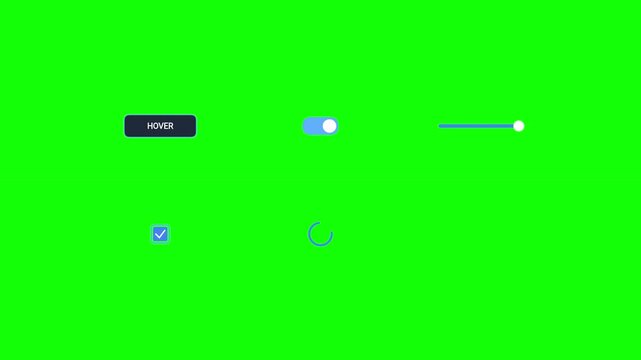 Set of animated UI elements including buttons toggle switches sliders checkboxes and loading spinners isolated on a green background 