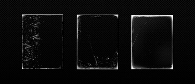 Vintage film frame textures, set of 3 distressed polaroid borders, retro analog photography overlays with dust and scratches on black background