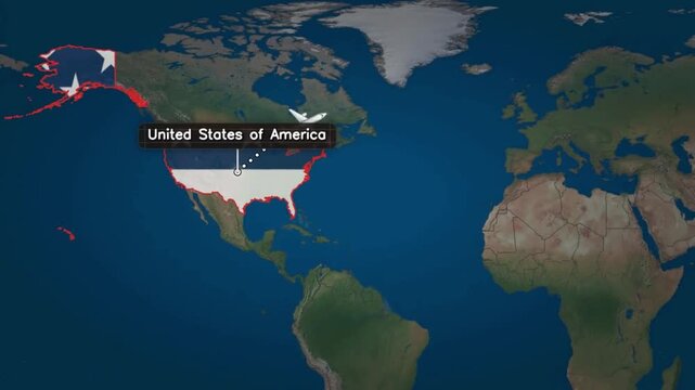 Airplane Flight Route from United States to Japan on World Map, Traveling from USA America Map to Japan Map with Airplane Animation
