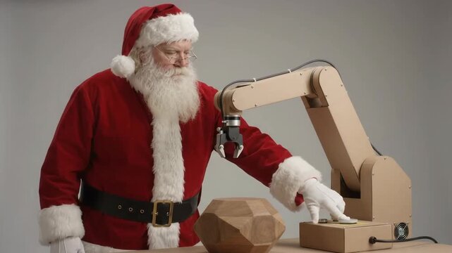 Santa Claus Operates a Cardboard Robotic Arm for Gift Wrapping