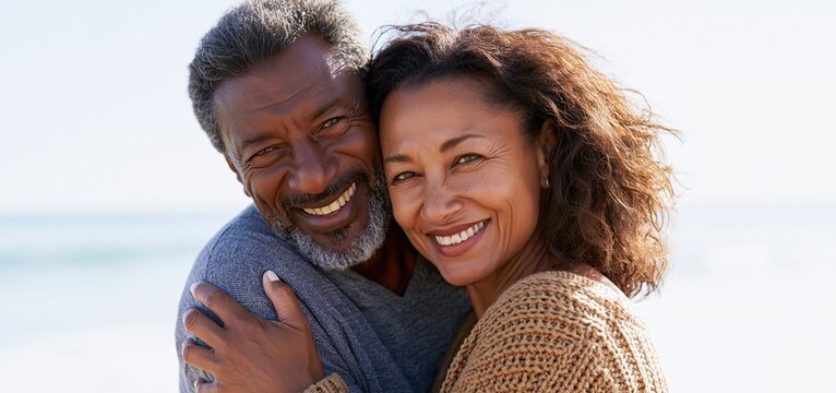 A joyful elderly African American couple embraces on a sunny beach, with the ocean creating a peaceful background.