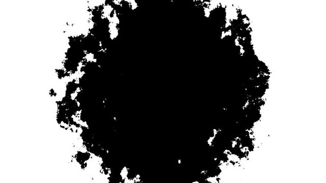Abstract black ink explosion flowing through water on a white background, expanding watercolor stains and organic paint shapes, grunge splash transition with smooth movement, seamless 4k video