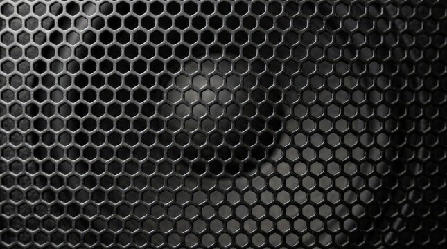 A detailed close-up view of a black metal speaker grille featuring a repetitive hexagonal mesh pattern, relevant to recording studios and music production gear setup