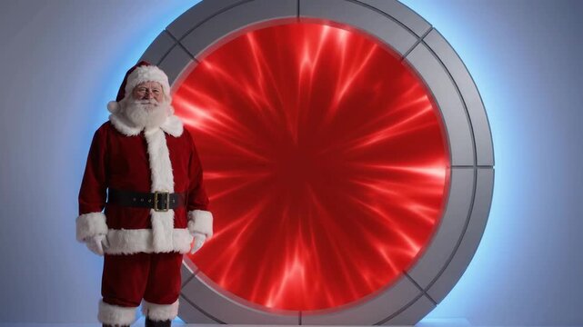 Santa Claus Standing Before a Glowing Circular Sci-Fi Portal