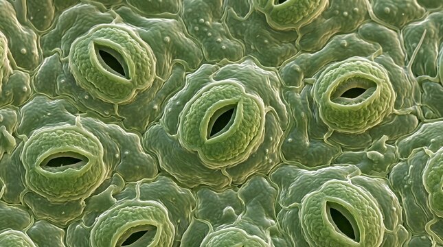 Microscopic view of green leaf stomata breathing pores