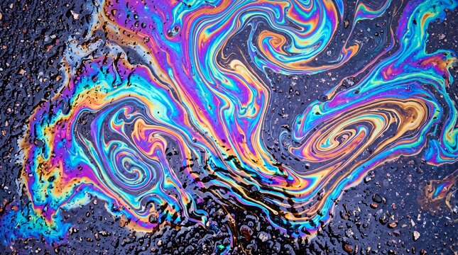 Colorful iridescent oil slick on wet asphalt road