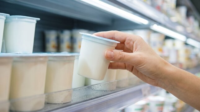 Cliente tomando un envase de yogur fresco del estante refrigerado de un supermercado
