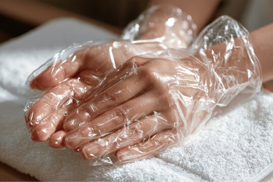 Hands in plastic gloves receiving a paraffin treatment on a white towel