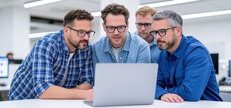 Four business professionals working together on a laptop, sharing ideas in a contemporary office environment.